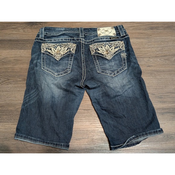 Miss Me Pants - Miss Me Easy Bermuda Denim Shorts Womens 28 Mid Rise Embroidered Dark Wash Blue